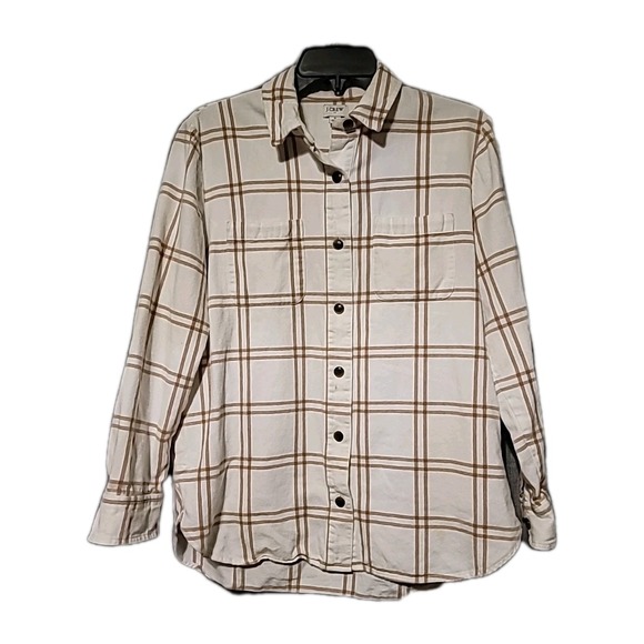 J.CREW Tops - J. Crew Plaid Flannel W/ Pockets Shirt-Jacket Shacket Size Small Tan 100% Cotton